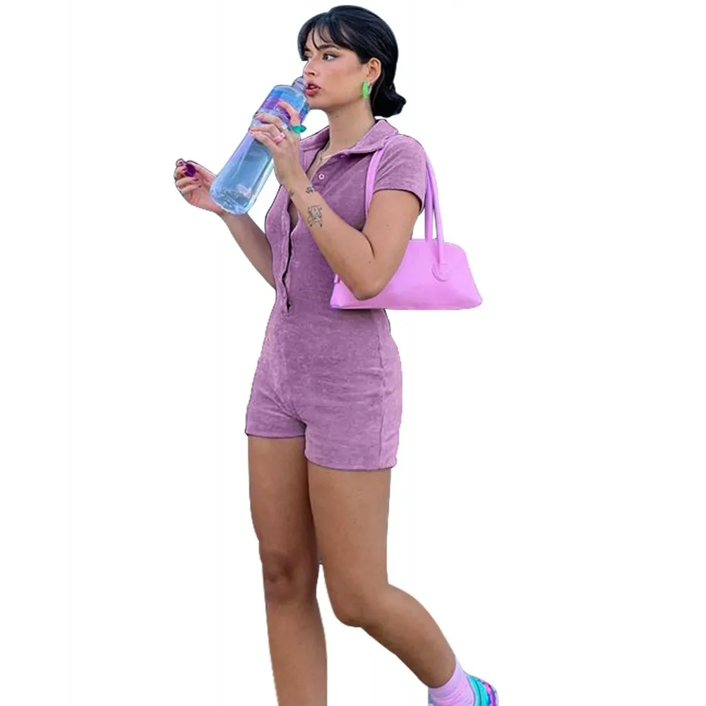 

Lapel Button Short Sleeved Jumpsuit Fashion Casual Women's Purple Tight Shorts 2022 Spring New European American Ladies Jumpsuit