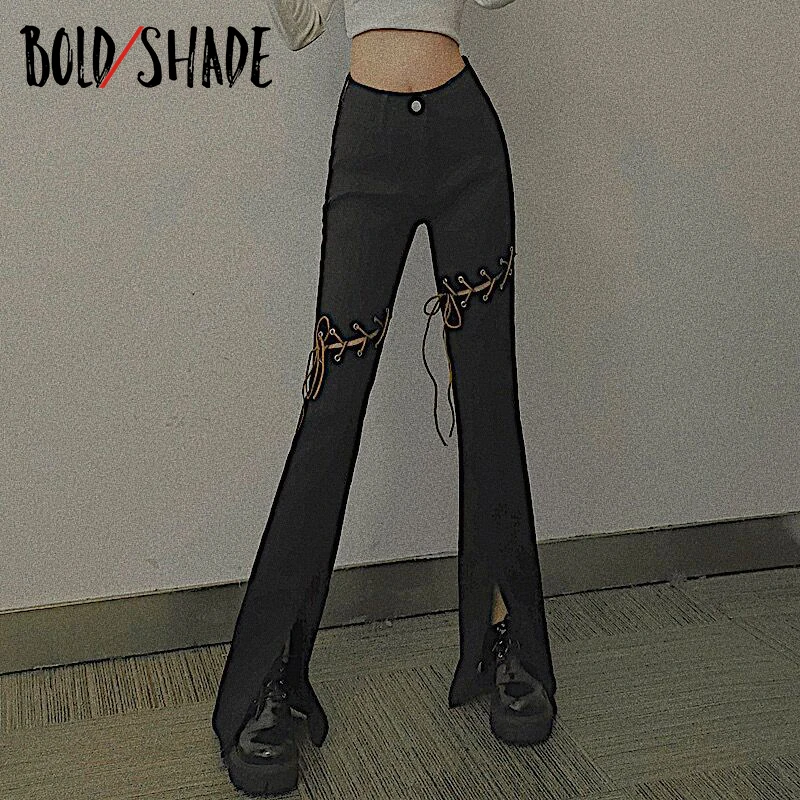 

Джинсы в готическом стиле 90-х годов, однотонные облегающие брюки из денима с разрезом, с завышенной талией, модные брюки в стиле гранж, уличн...