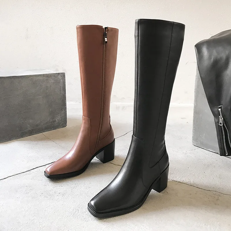 MoonMeek/модные ботинки из натуральной кожи женские сапоги до колена с квадратным