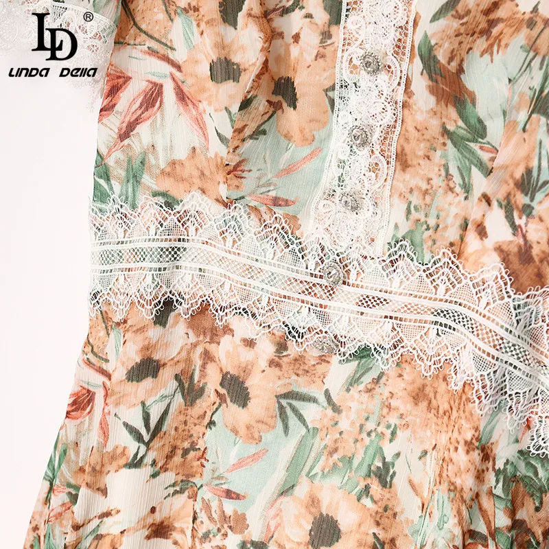 

LD LINDA DELLA 2021 Women's Summer Vintage Party Dresses Fashion V-Neck Lace Short sleeve Floral print Slim Midi Dress Vestidos