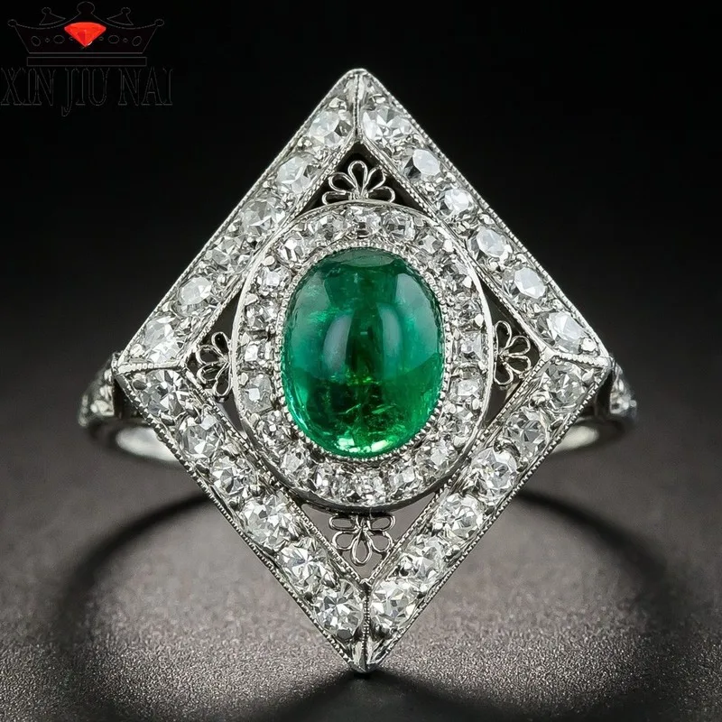 Геометрические большие кольца для мужчин и женщин 925 Серебряный Зеленый камень