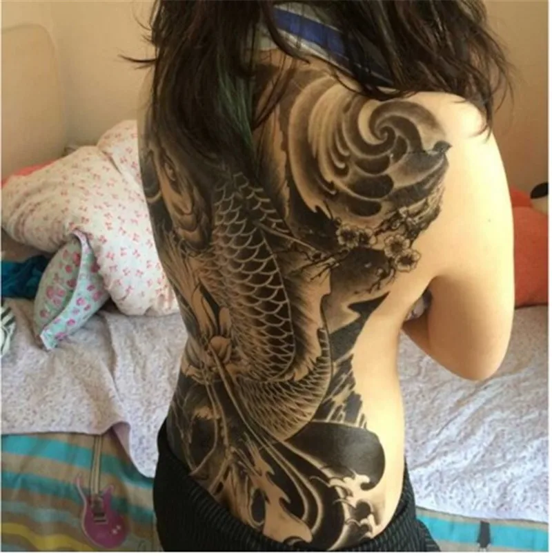 48*35 cm Large full back chest Tattoo Stickers Fish Wolf Buddha Waterproof Temporary Flash Tattoos for men women images - 6