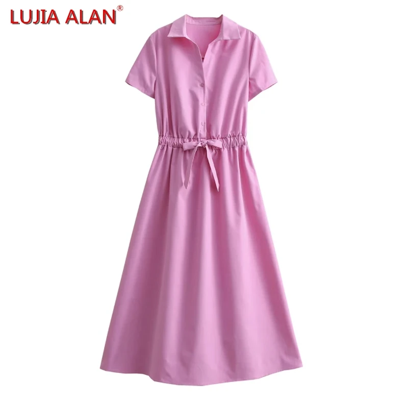 

LUJIA ALAN Women Back Opening Design Pink Shirt Dress Casual Female Short Sleeve Midi Vestidos D9288