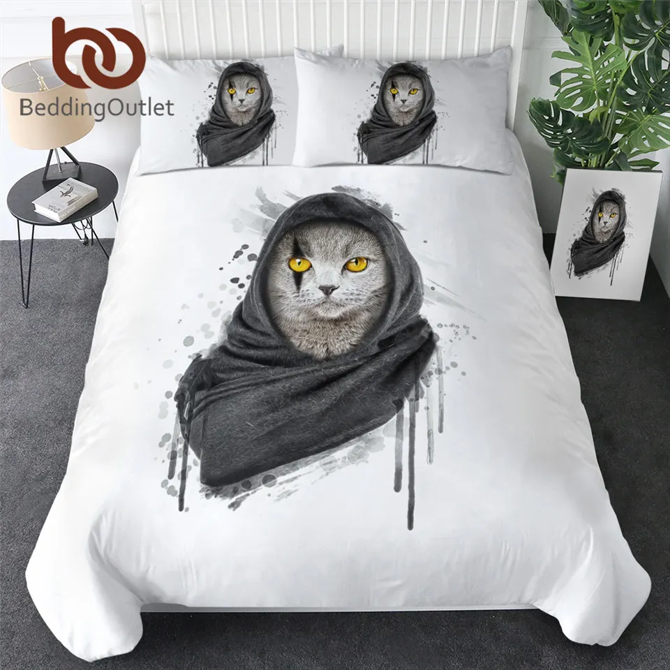 Комплект постельного белья с котом шейный платок пододеяльник King черный серый