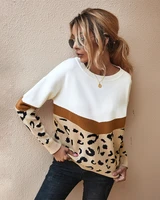 2021 fashion leopard patchwork autumn winter ladies knitted sweater women o neck full sleeve jumper pullovers top