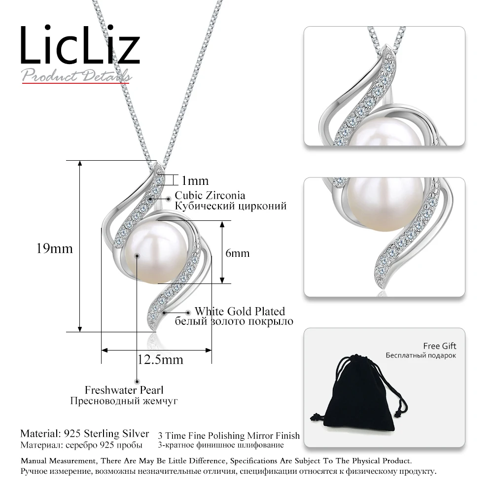 LicLiz 925 Серебряный кулон с жемчугом для женщин Micro Pave CZ цирконий DIY ожерелье Очаровательная Геометрическая подвеска «молния» LP0234