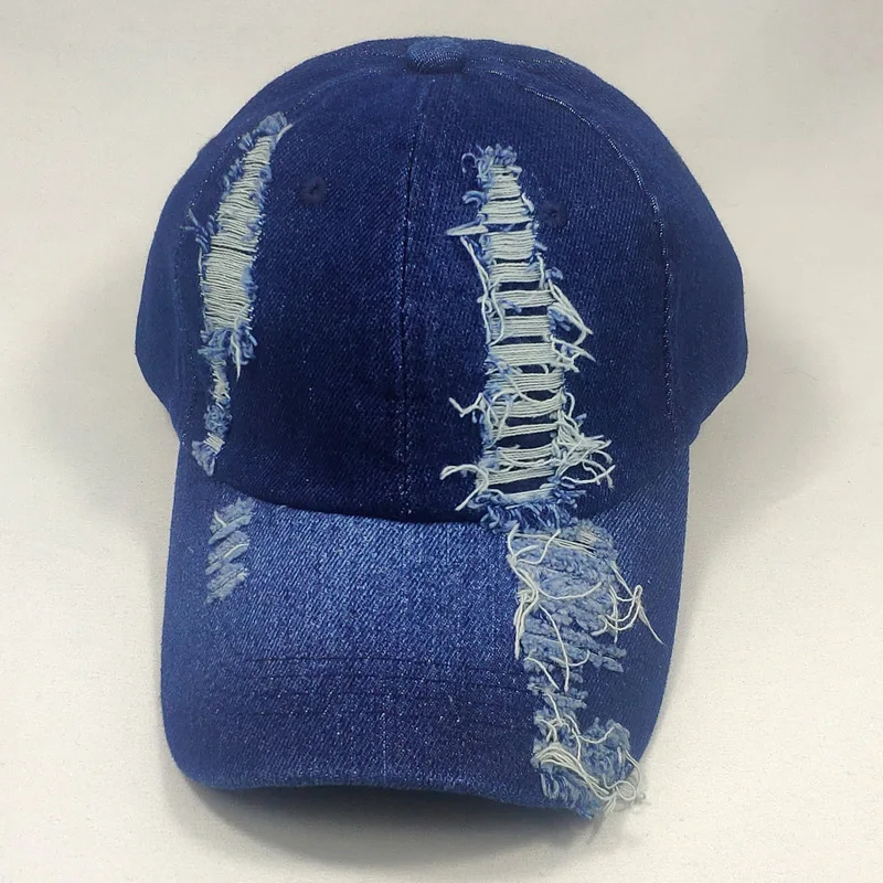 

Fashion Hole Cap Mens Denim Hats 6 Panel Baseball Cap Distressed Washed Black Blue Adjustable Dad Hat
