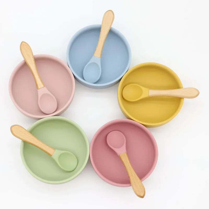 Taz&oacute;n de cuchara de madera para beb&eacute;s, suministro directo, suplemento de alimentos para beb&eacute;s, juego de vajilla de grado alimenticio, taz&oacute;n con ventosa fuerte de silicona, 2 uds.-2
