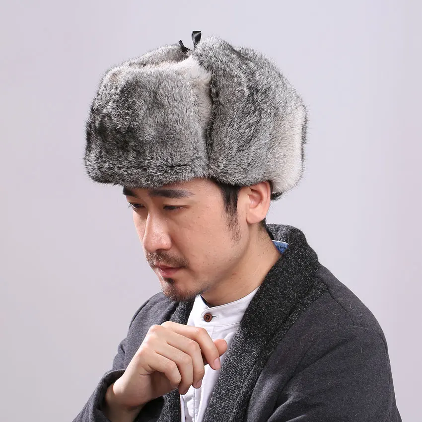 ICYMI Thick Warm Bomber Hat Men Real Rabbit Fur Earflap Trapper Russian Cap Male Plus Size Winter Hats for Men Ski Russian Hat