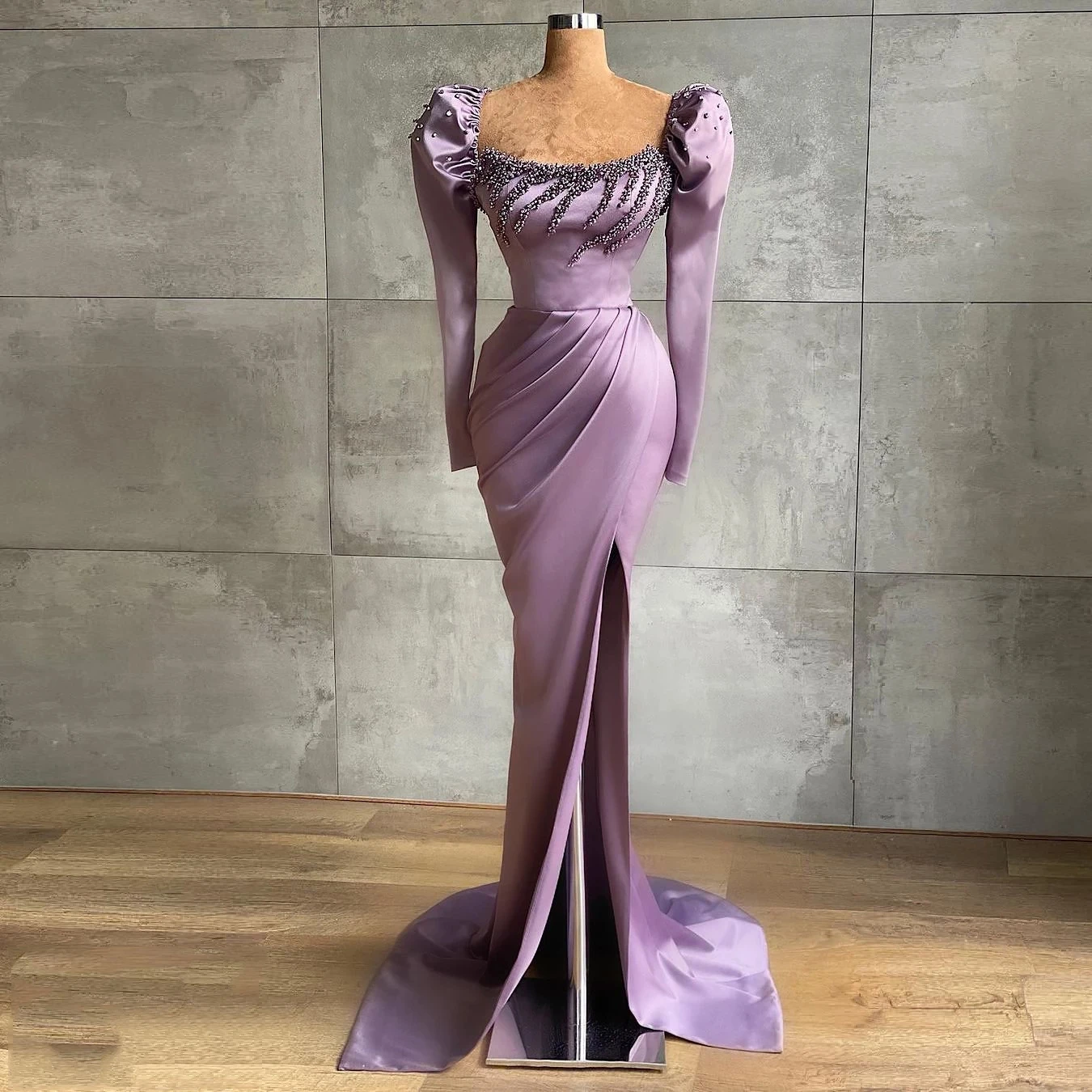 

Vinca Sunny Light Purple Satin Mermaid Prom Dresses Long Sleeves Beaded High Split Women Formal Evening Party Gowns Plus Size