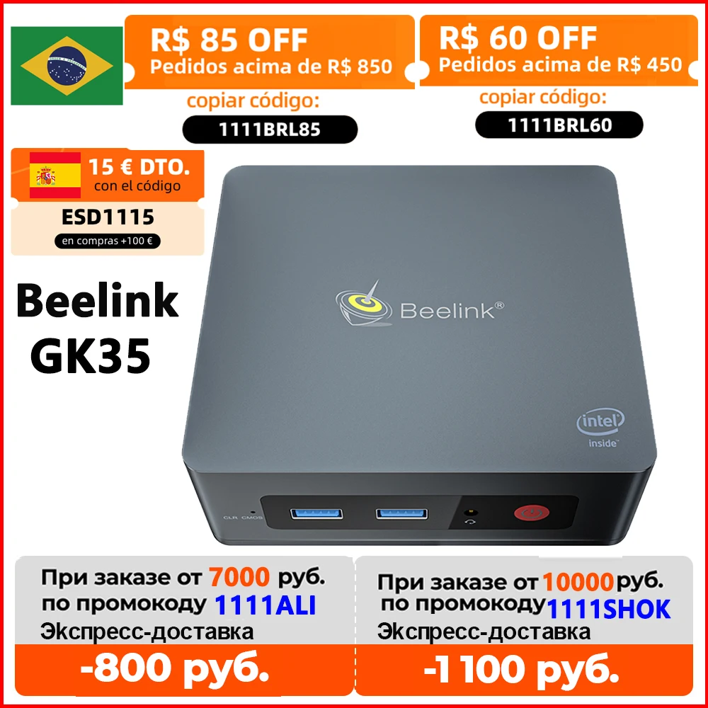 

Beelink мини-ПК GK35 четырехъядерный процессор Intel Celeron J3455 Windows 10 DDR 4 ГБ SSD 64 ГБ 8 ГБ ОЗУ 128 ГБ/256 ГБ Двойной Wi-Fi HD Настольный ПК