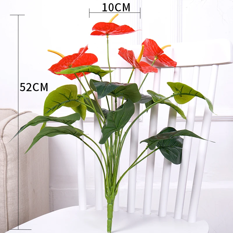 52/34CM Artifcial Flowers Plastic Red Anthurium Desktop Bonsai Balcony Potted Green Plants Bouquet Home Garden Office