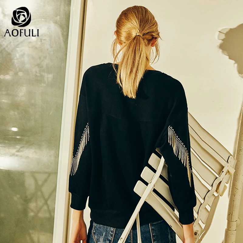 L~ 4XL 5XL Beadings Tassel Women Cotton Sweatshirt Black Long Batwing Sleeve Tee Shirt Big Size Ovesize Casual Tops AOFULI A4074