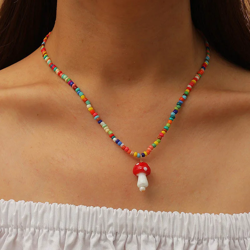 

Creative Candy Color Rice Beads Lovely Mushroom Necklace Women Korean New Fashion Design Pendant Neck Chain Jewelry for Beach