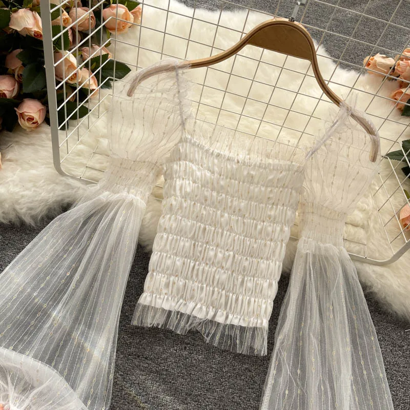 

Dust gauze hubble-bubble sleeve shirt dress 2021 new joker vacation short sweet minus age small unlined upper garment