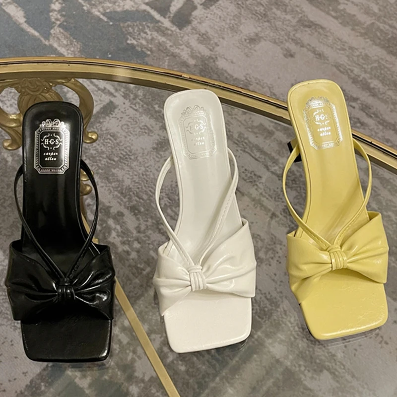 

2022 Summer New Women High Heels Slippers Fashion Square Toe Casual Outdoor Slides Female Sexy Thin Heels Sandals Ladies Pumps
