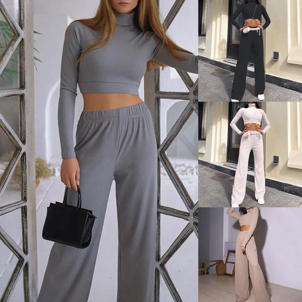 

2021 Set Crop Top Pants Set Solid Color Straight Leg Two-Piece Turtleneck Blouse Elastic Waist Trousers for Fitness Comfortable