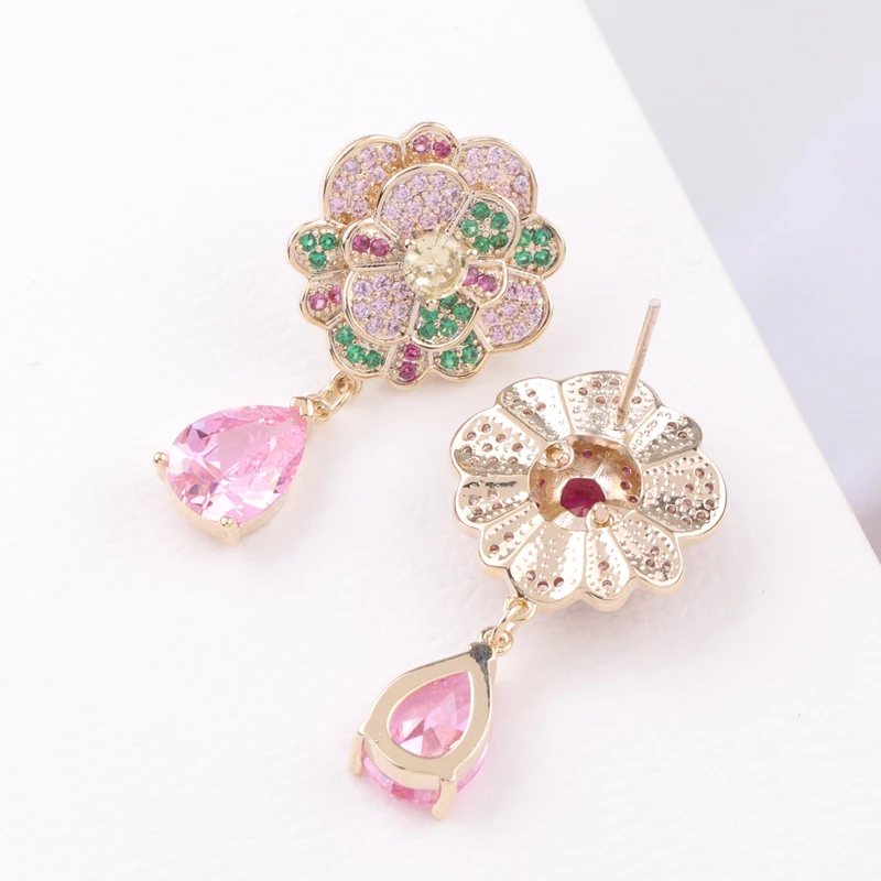 

F&U Fashion Natural Color Zircon Stones Earrings Floral Shape Copper Drop Earring Silver Needles Charming For Women