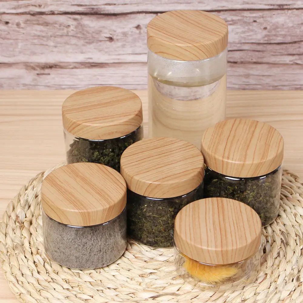 

100ml/200ml/300ml/500ml Plastic Jar With Lid Wood Color Screw Iron Transparent Container Food Storage Candy Jar Storage Bottle