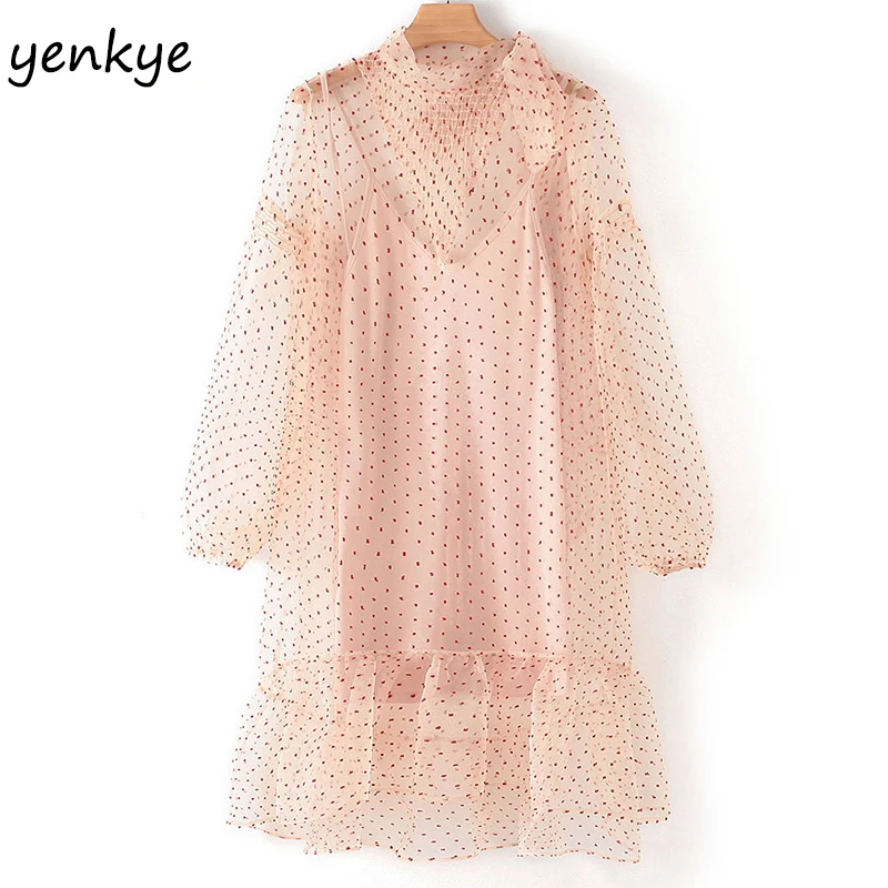 Женское полупрозрачное винтажное Тюлевое платье миди в горошек с высоким