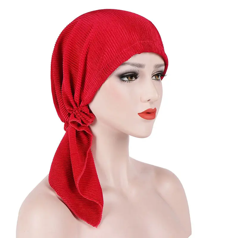 red Женские шапки, летние однотонные хлопковые дышащие шапки, мусульманский Эластичный Тюрбан, головной убор, головной платок, шапка для женщин - Цвет: red