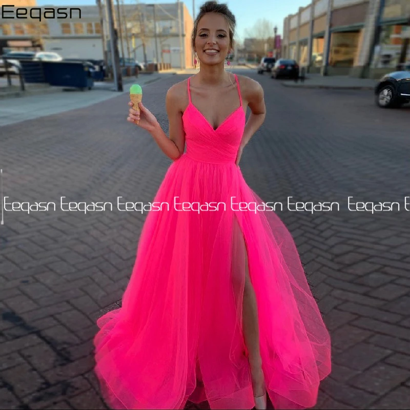

Modest Tulle Floor length A-line Prom Dresses with Slit 2020 Spaghetti Straps Evening Dress Graduation robe de soiree