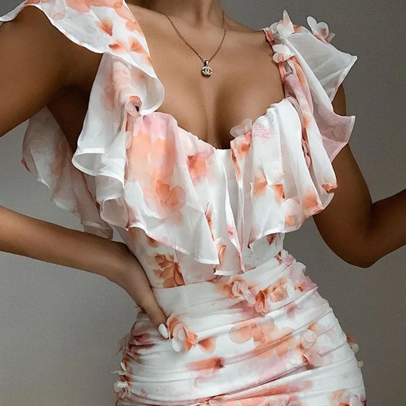 

Women's Off Shoulder Sexy Floral Top Print Mini Dress Summer Beach Cute Ruffle Swing Dresses Trumpet Sleeve Tube
