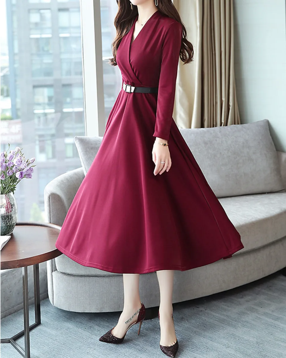 

BacklakeGirls 2020 New Elegant V-neck Long Sleeve Long Evening Dress Sash Waist A-Line Large Skirt Long Prom Dress Lange Jurken