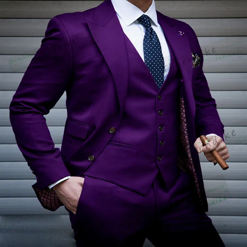 Thorndike New Style Groomsmen Peak Lapel Groom Tuxedos Green/Teal/Yellow/Purple Men Suits Wedding Best Man (Jacket+Pants+Vest) | Мужская