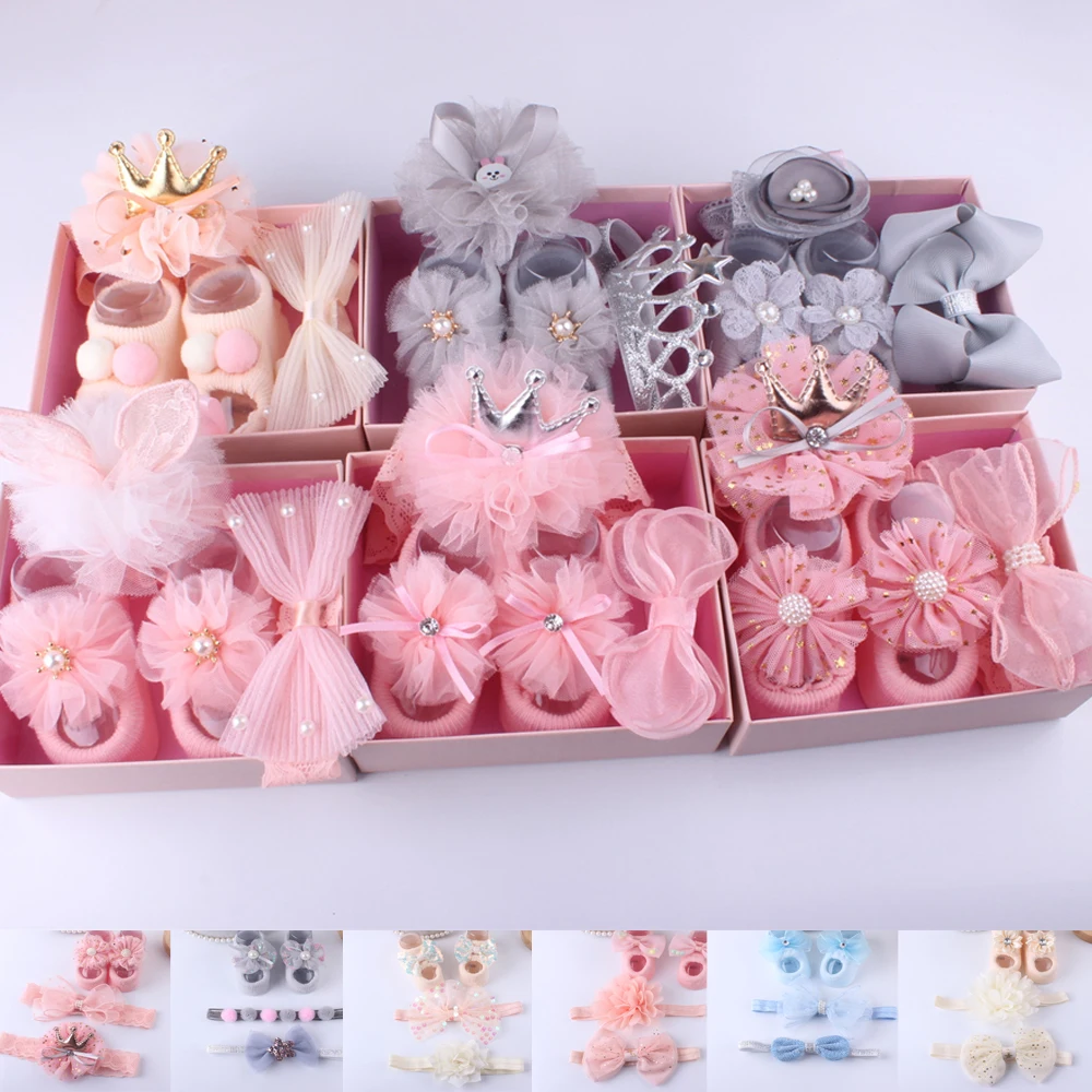 Baby 3Pcs Set Headband + Socks Kids Newborn Cartoon Boat Socks Lace Anti-slip Sock Shoes Boots Bowknots Floor Slipper Socks