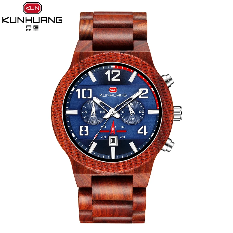 Kunhuang 1015 хронограф указатель деревянный relogio masculino античный модный материал