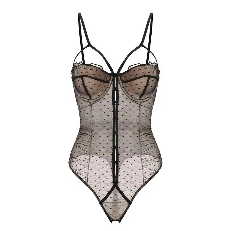 

Lace Mesh Net Sexy Corset Lingeries Gorset Transparent Lingerie Padded Wire Cup Black Dot Bustier Open Crotch Short Panty Korset