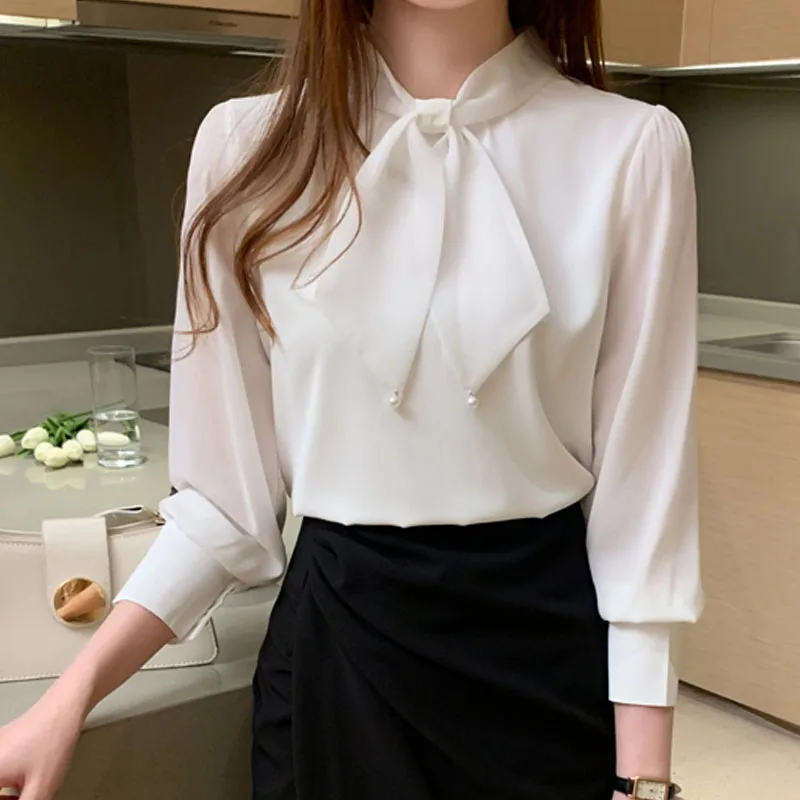 

Chiffon Shirt Women's Long Sleeve 2020 Autumn Korean Loose Bow Top Pink Top Spliced Solid Clothing for Women Tops White 0794