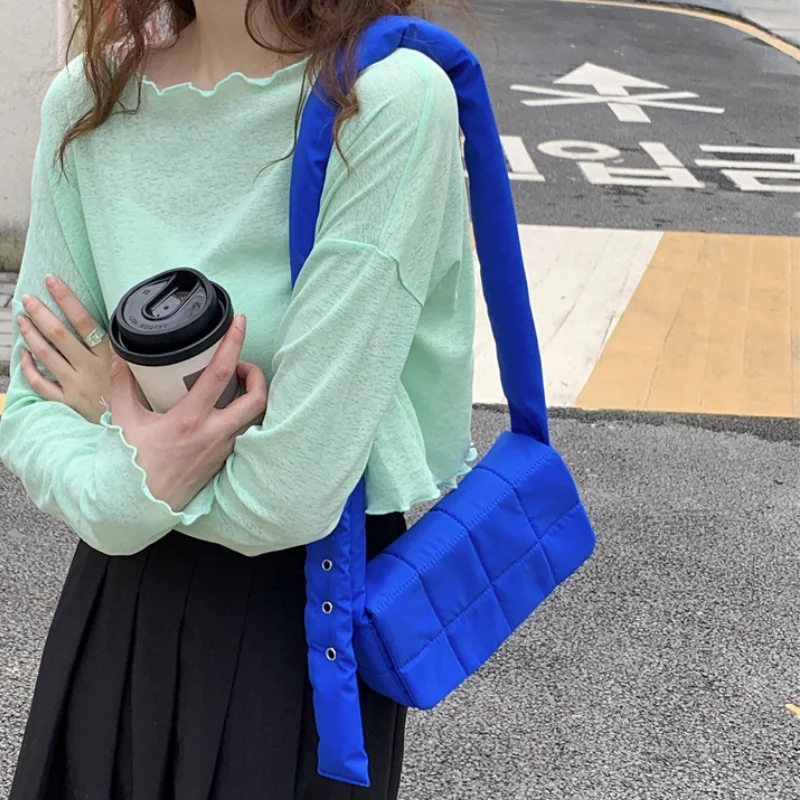 

Klein Blue Women's Small Square Shoulder Bag Candy Color Plaid Ladies Purse Handbags Soft Nylon Female Girls Crossbody Bags