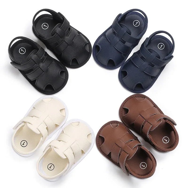 Stylish Baby Boys Sandals Summer Solid Color Toddler Slip-On Shoes Baby PU Leather Sandals 0-18 Months