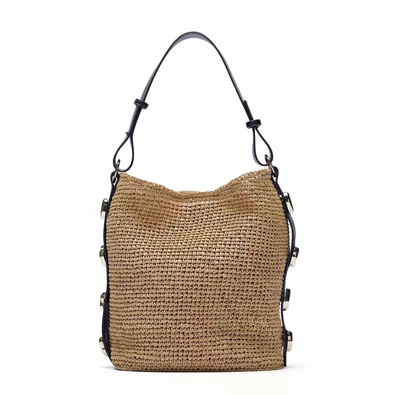 

New Woven Women's Shoulder Bag Large Capacity Summer Straw Handbag Metal Detail Fashion Designer Female Tote Bag Shopper Purse