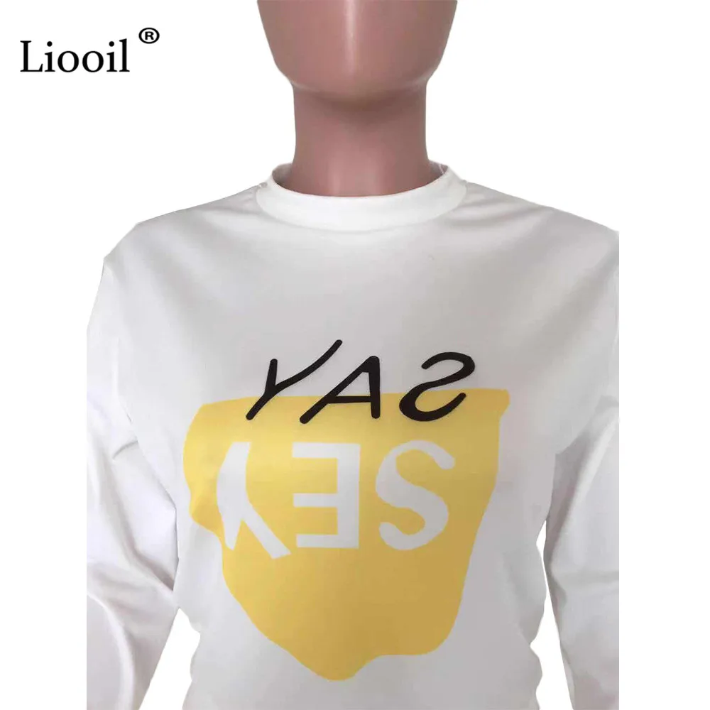 Liooil женский спортивный костюм с буквенным принтом, комплект из двух предметов, футболка с длинными рукавами и круглым вырезом, сексуальный белый топ, спортивные штаны с карманами