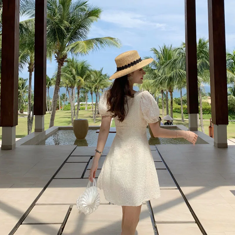 

Women Summer Dress 2020 A-line Square Collar Mini Empire Beach Beige Beading Party Sweet Puff Sleeve Dress Frocks for Women