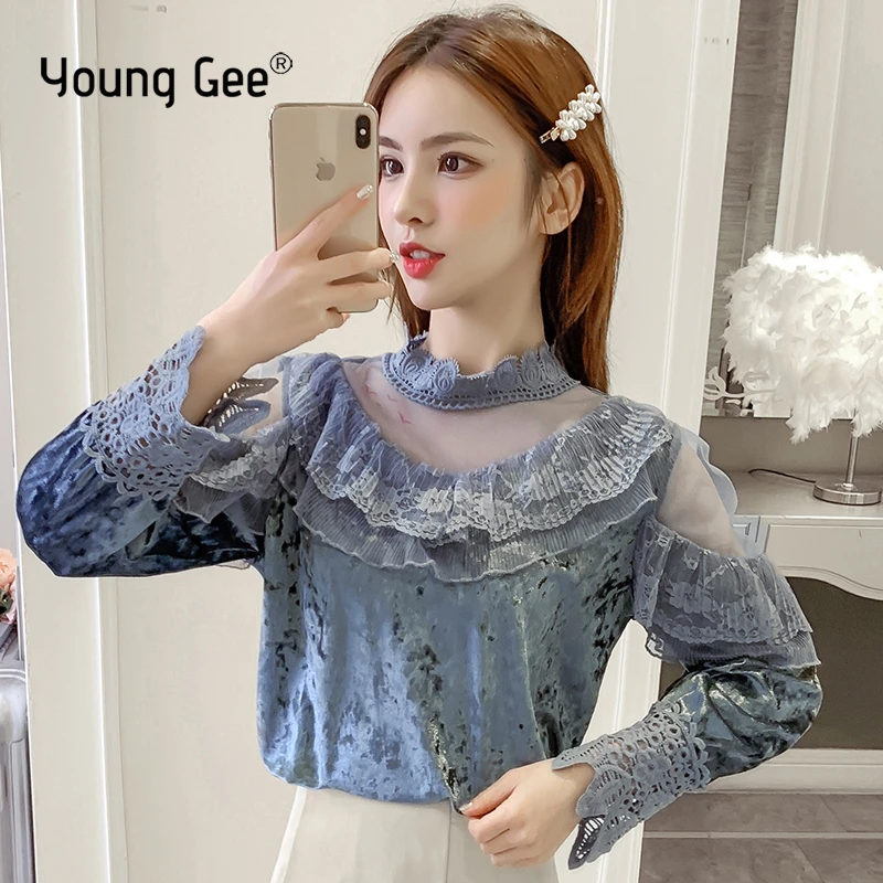 Женская кружевная блузка Young Gee винтажная с цветочным кружевом и оборками из