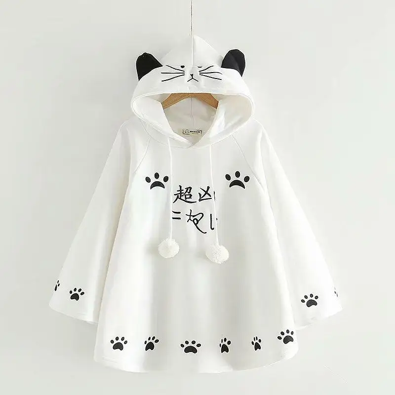 

Women Kawaii Hoody Cloak Harajuku Japanese Cute Cat Paws Fleece Cape Loose Pullover Girls Batwing Sleeve Cat Ear Hoodie Coat