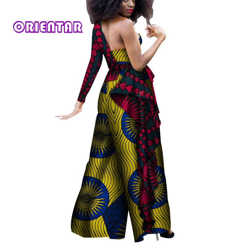 

Sexy Women Jumpsuits African Clothes African Wax Print Bazin Riche Cotton African One-Shoulder Wide Leg Pants Romper WY4026