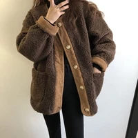 autumn and winter new hong kong style lazy style retro lamb wool solid color stitching simple loose coat plus velvet thick coat