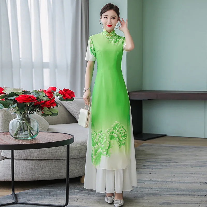 Green Новая традиционная вьетнамская одежда аозай Вьетнам Cheongsam китайский стиль длинный Ципао вечернее вечерние свадебные платья - Цвет: Green