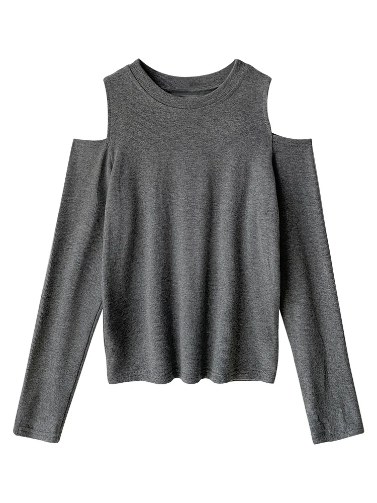 Черная женская футболка с открытыми плечами и длинным рукавом новинка 2021 осенняя