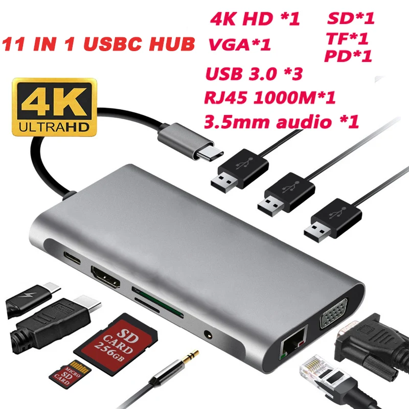 11 в 1 USB C концентратор адаптер Тип 4K HDMI VGA RJ45 Lan Ethernet SD/TF 3 5 мм AUX порт док-станция