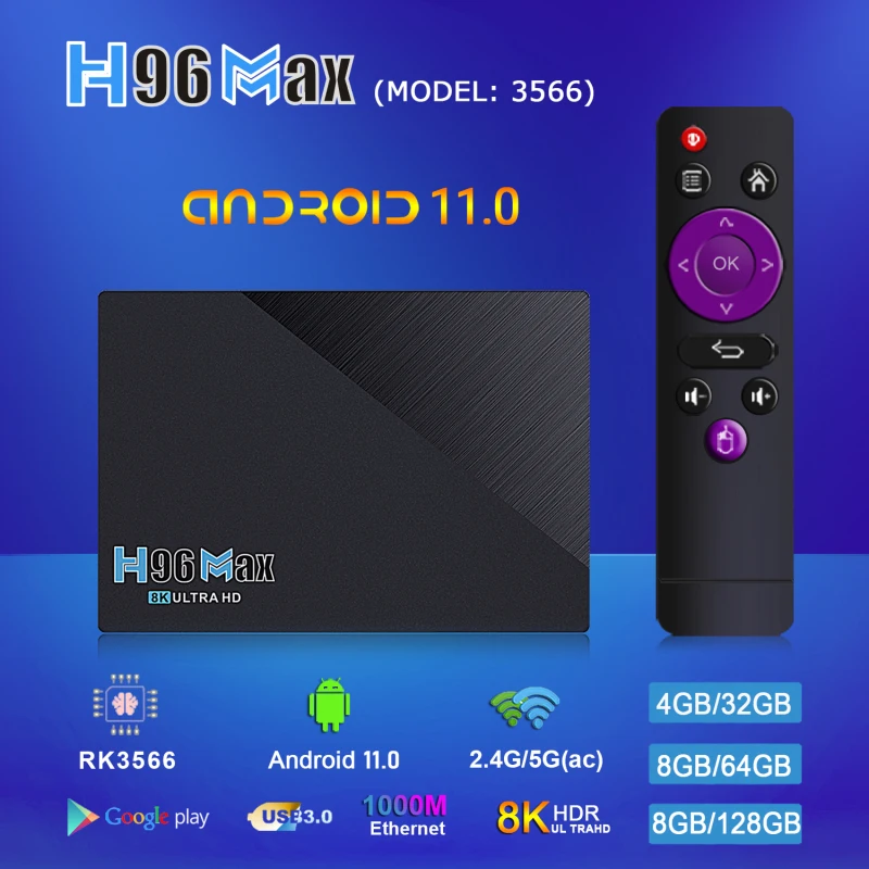 

ТВ-приставка на Android 11, 6K, Youtube, голосовой помощник 3D, 8K, 1080P, 4 + 32 ГБ, Wi-Fi 2,4/5,8 ГГц