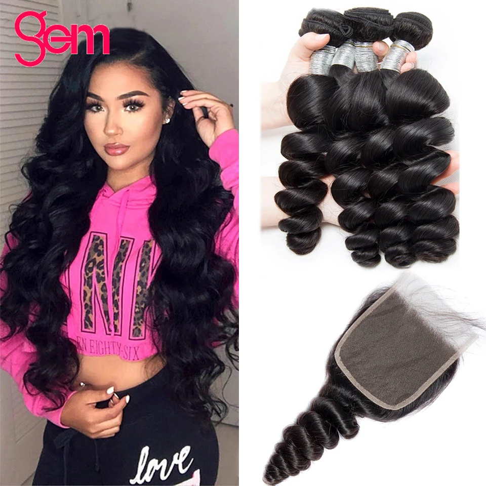 

3/4 pcs Loose Wave Hiar Bundles With 4x4 Closure Brazilian Human Hair Extensions 30 Inch Long Hair For Black Woman Natural Color