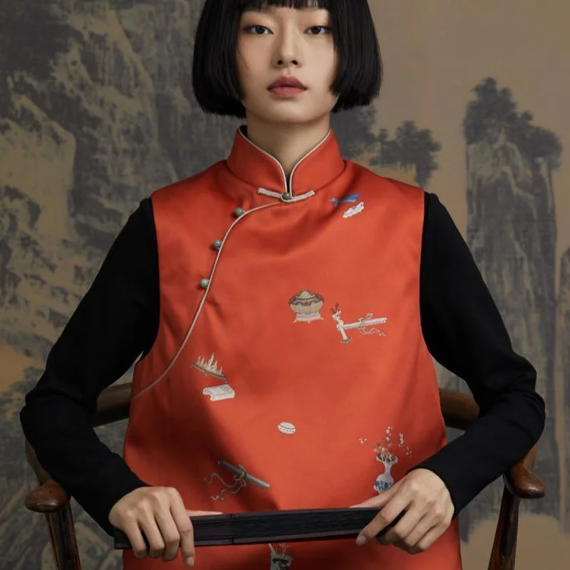 

Fashion Ethnic Harajuku Red Print Chinese Style Tang Suit Women Short Vest Hanfu Vintage Traditional Gilet Oriental Waistcoat