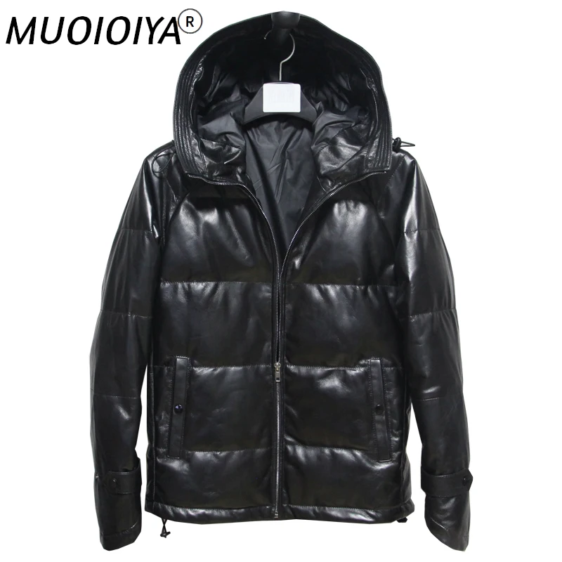 

Бесплатная доставка, Зимняя Теплая мужская куртка из натуральной кожи. Черная овечья кожа, белый утиный пуховик, женская одежда, распродажа