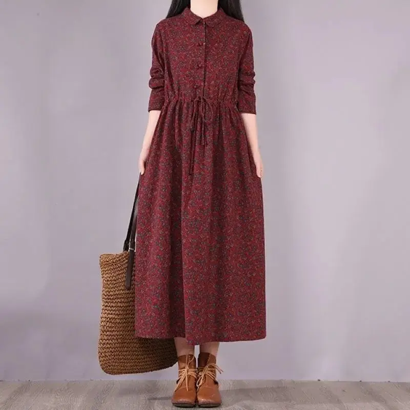 

Women Fashion Floral Printed Dress Women's Spring Autumn Casual Long Sleeve Maxi Vestidos Female Linen Cotton Loose Dresses P192